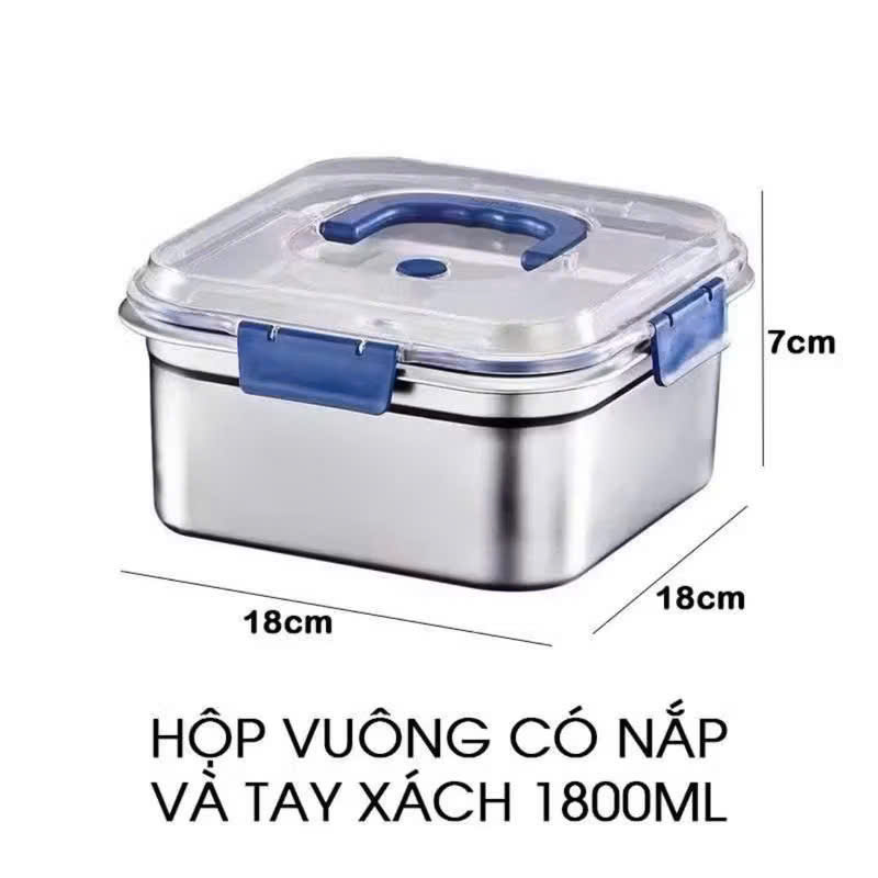 [120] Hộp Đựng Thực Phẩm Inox VUÔNG Có Nắp 18cm