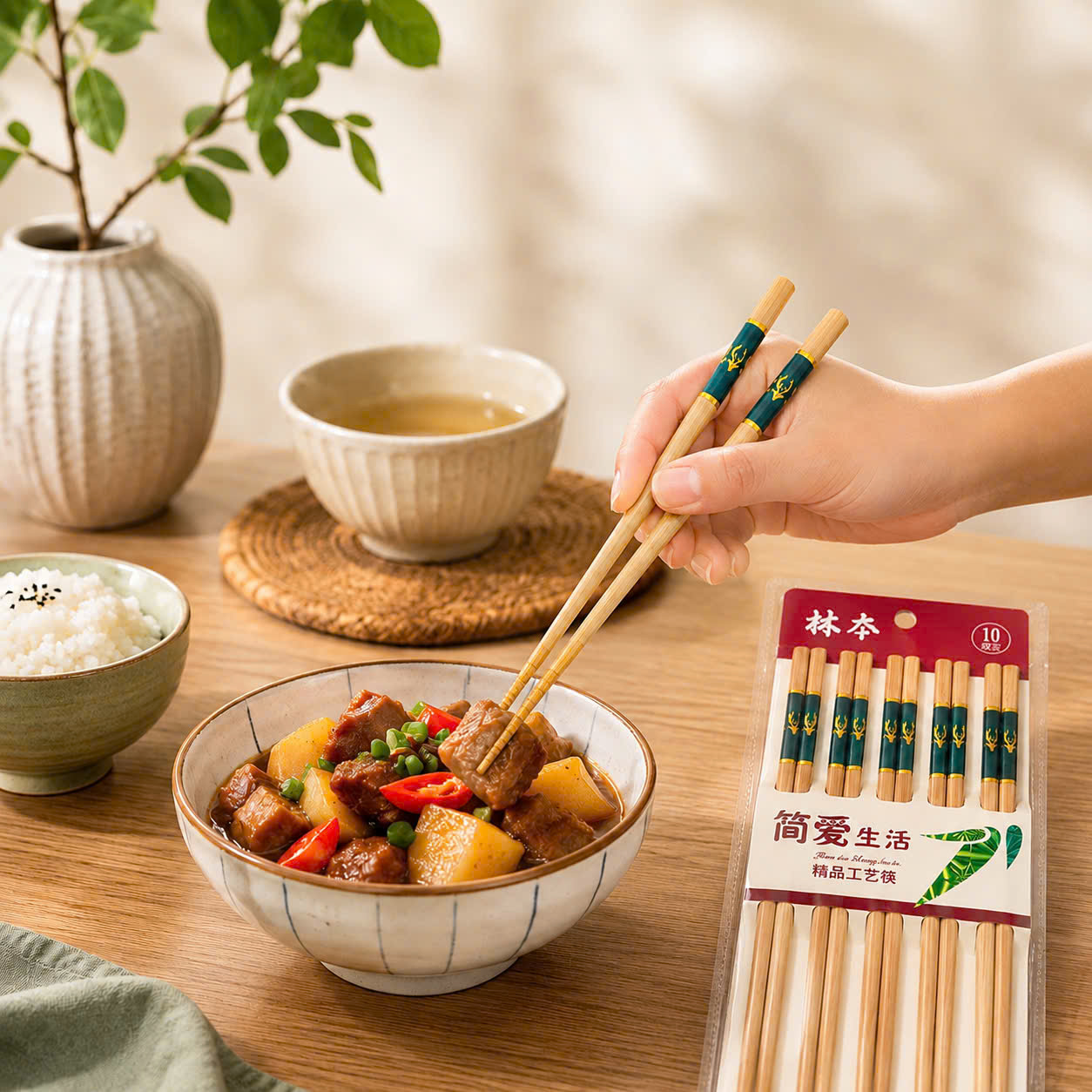 [120] Set 10 Đũa Trúc Nhật Hươu Xanh 1066 (V)
