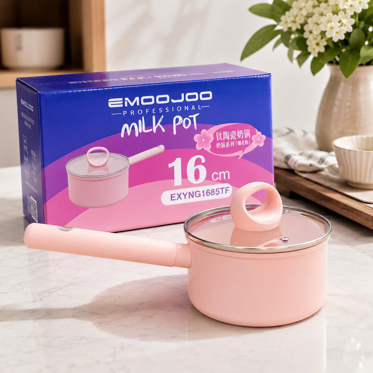 [20] Nồi Tráng Sứ Hồng EMOOJOO TAY CẦM 16cm (V)