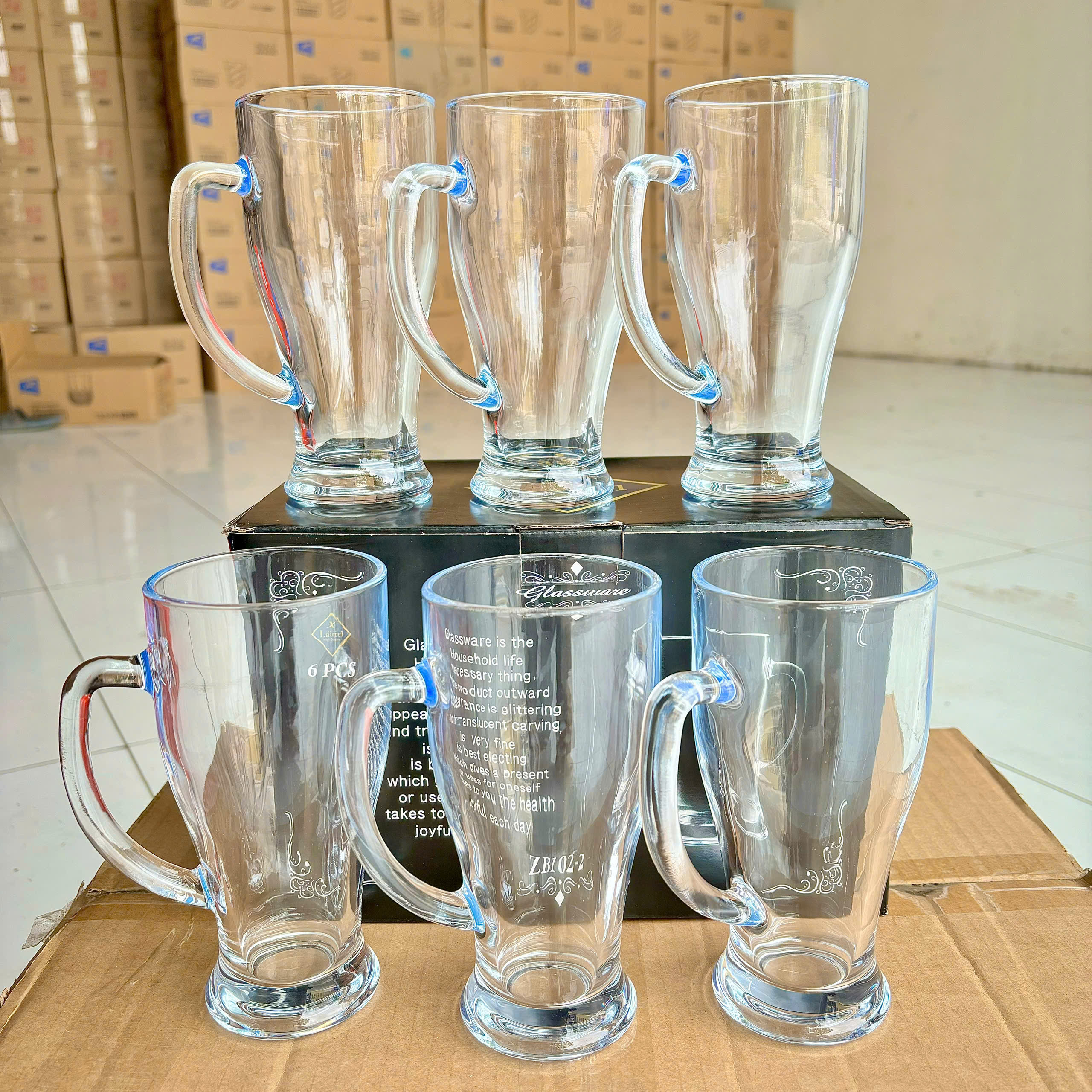 [4] Set 6 Ly Thủy Tinh Uống Bia Có Quai 370ml Lauriel ZB102-2 (V)