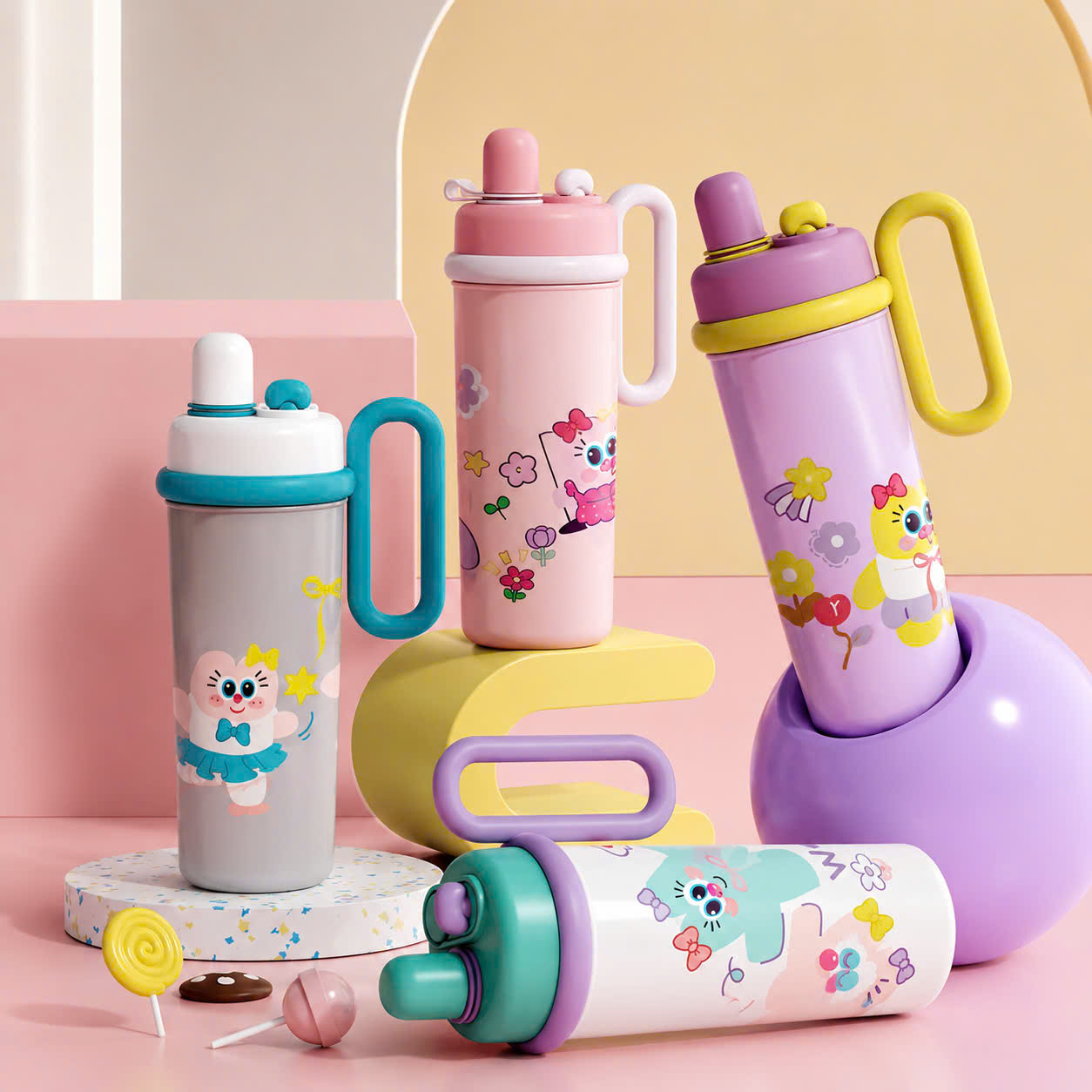 [40] Bình Giữ Nhiệt Hoạt Hình Bọt Biển QUAI CẦM Ngang 700ml