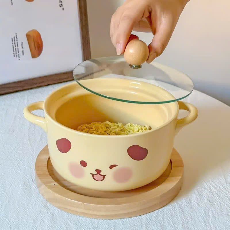 [40] Thố Sứ Ăn Mì Có Nắp Thủy Tinh - HEO HỒNG (W020)