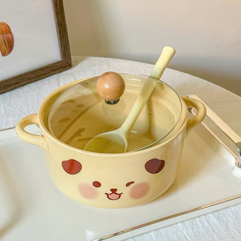 [40] Thố Sứ Ăn Mì Có Nắp Thủy Tinh - HEO HỒNG (W020)