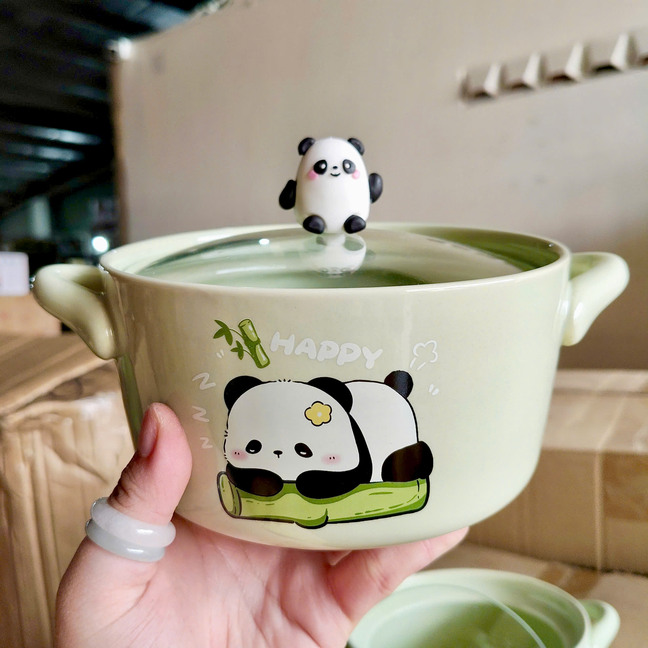 [40] Thố Sứ Ăn Mì Có Nắp Thủy Tinh - GẤU TRÚC (W008)