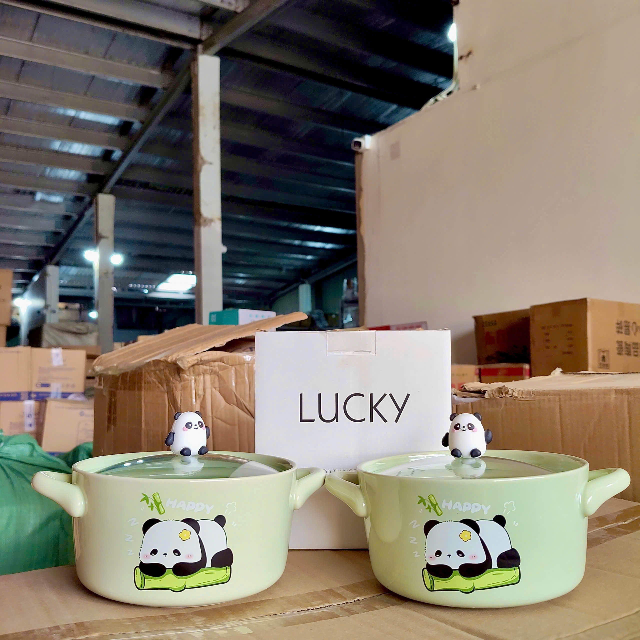 [40] Thố Sứ Ăn Mì Có Nắp Thủy Tinh - GẤU TRÚC (W008)