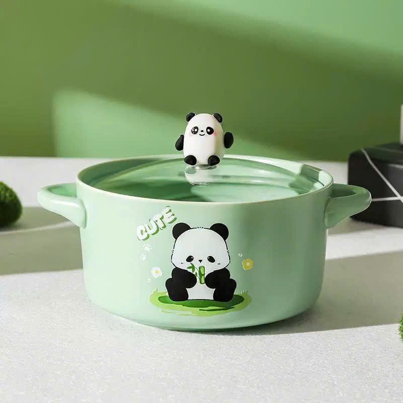 [40] Thố Sứ Ăn Mì Có Nắp Thủy Tinh - GẤU TRÚC (W008)