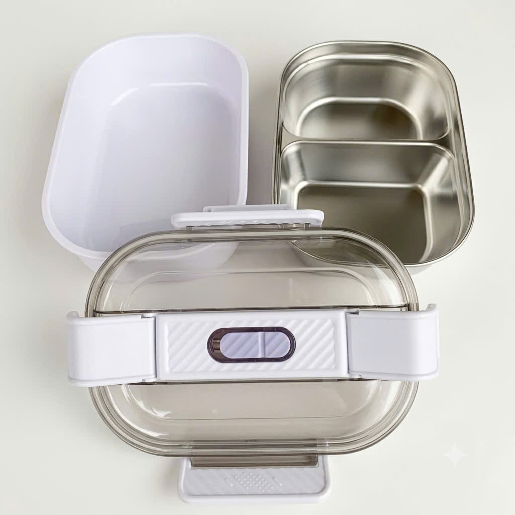 [48] Hộp Cơm Inox 2 Ngăn ĐAI NHỰA 726
