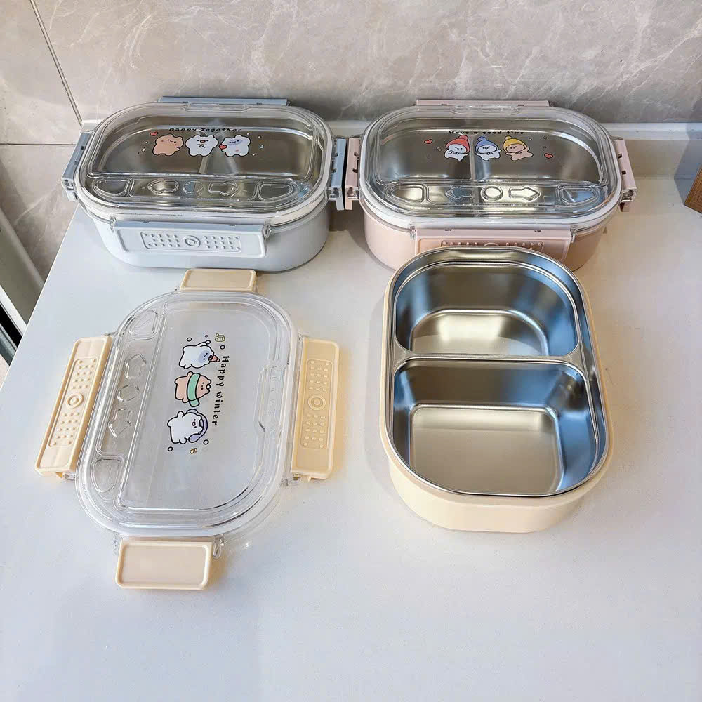 [48] Hộp Cơm Inox 2 Ngăn GẤU HAPPY WINTER 388