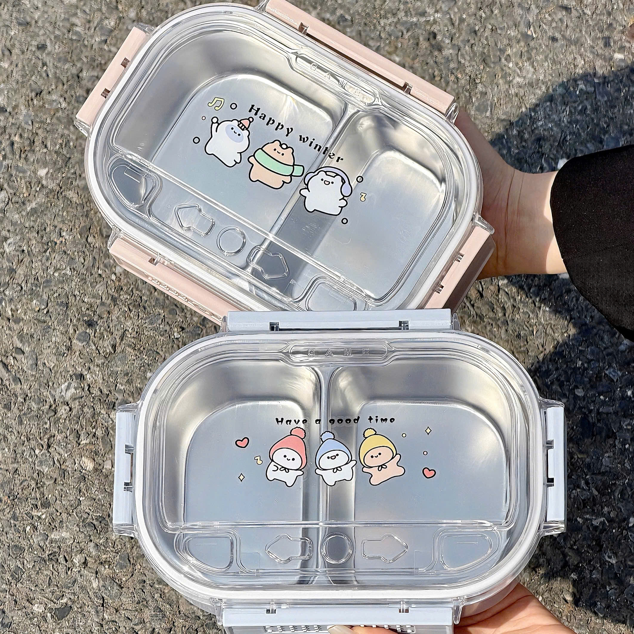 [48] Hộp Cơm Inox 2 Ngăn GẤU HAPPY WINTER 388