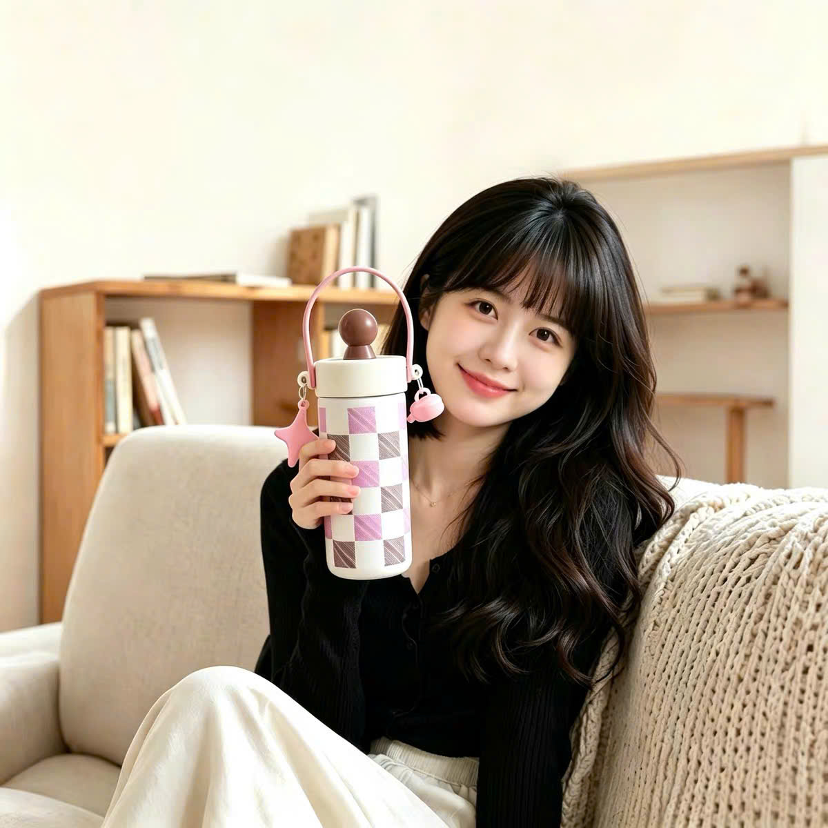 [50] Bình Giữ Nhiệt Hình Trụ HỌA TIẾT Quai Xách Kèm Charm 680ml