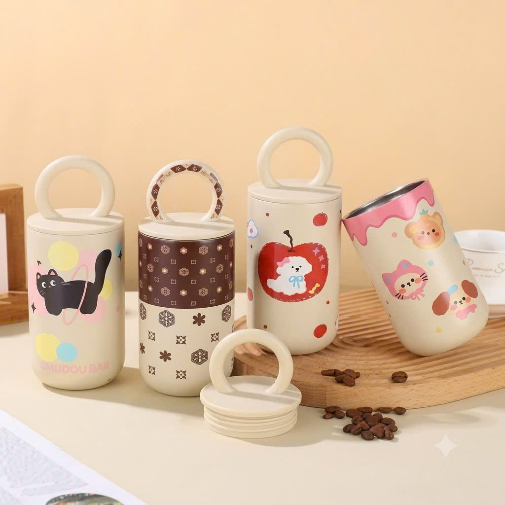 [50] Ly Giữ Nhiệt Hình Trụ HOẠT HÌNH Có Quai Xách 500ml