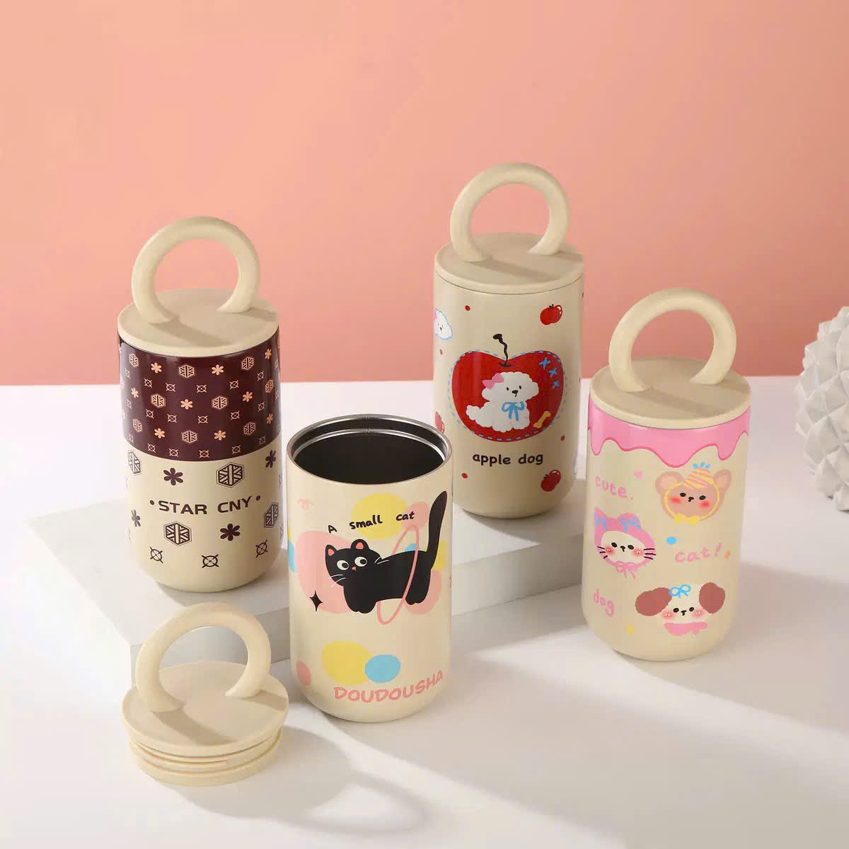 [50] Ly Giữ Nhiệt Hình Trụ HOẠT HÌNH Có Quai Xách 500ml