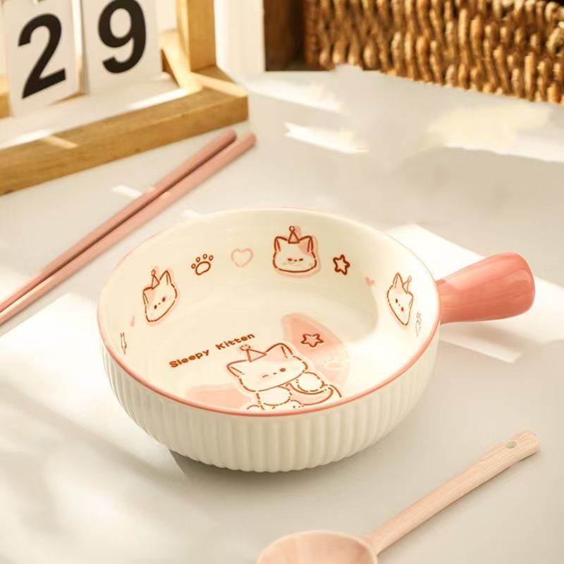 [56] Thố Sứ 8inch KẺ SỌC Có Tay Cầm Hình Thú (ngẫu nhiên)