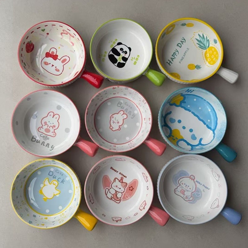 [56] Thố Sứ 8inch KẺ SỌC Có Tay Cầm Hình Thú (ngẫu nhiên)