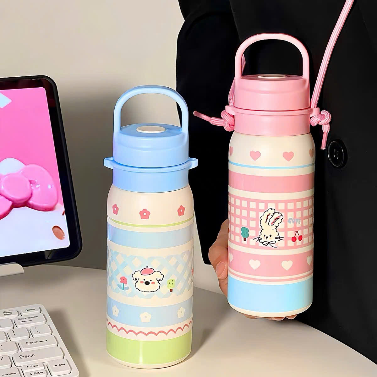 [60] Bình Giữ Nhiệt 316 Họat Hình Quai Ngang Có Dây Xách 500ml