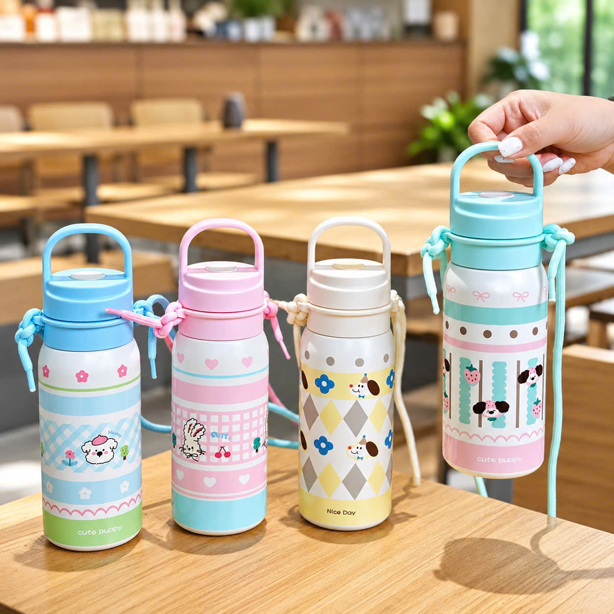 [60] Bình Giữ Nhiệt 316 Họat Hình Quai Ngang Có Dây Xách 500ml
