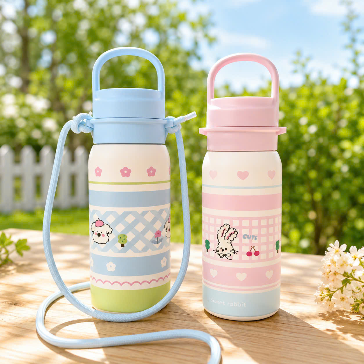 [60] Bình Giữ Nhiệt 316 Họat Hình Quai Ngang Có Dây Xách 500ml
