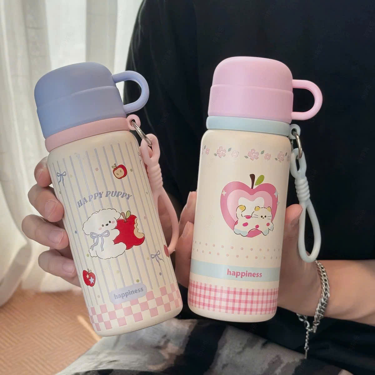 [60] Bình Giữ Nhiệt Kèm Cốc Có Dây Xách LUCKY 500ml