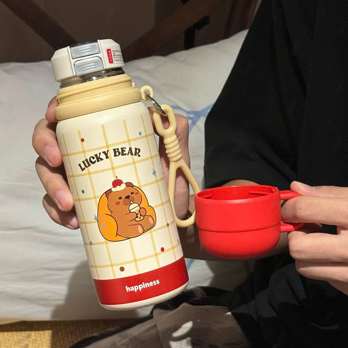 [60] Bình Giữ Nhiệt Kèm Cốc Có Dây Xách LUCKY 500ml