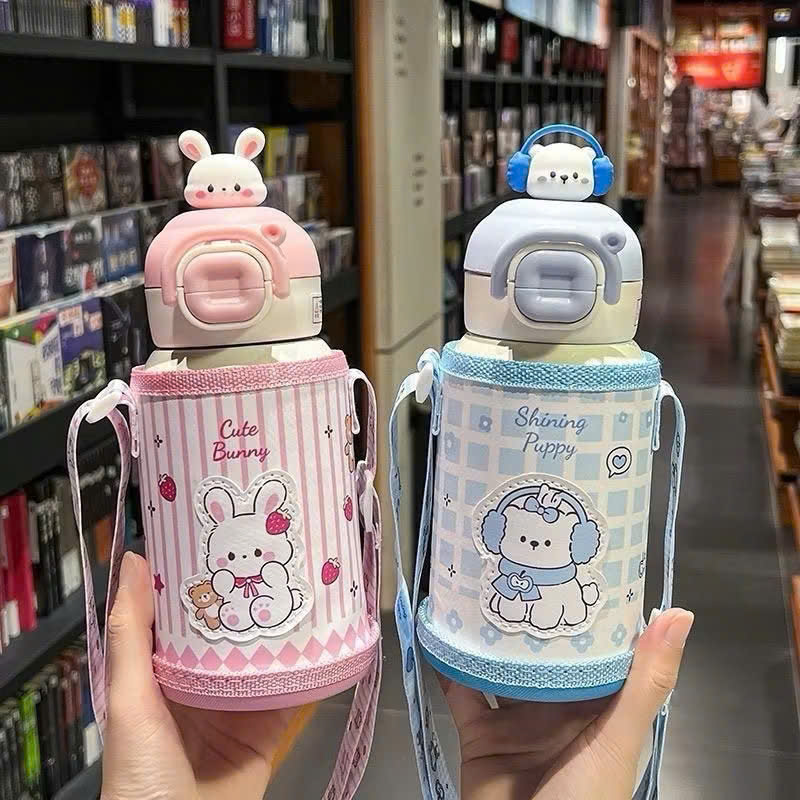 [60] Bình Giữ Nhiệt Nắp Bấm Charm HOẠT HÌNH Có Túi Xách 500ml