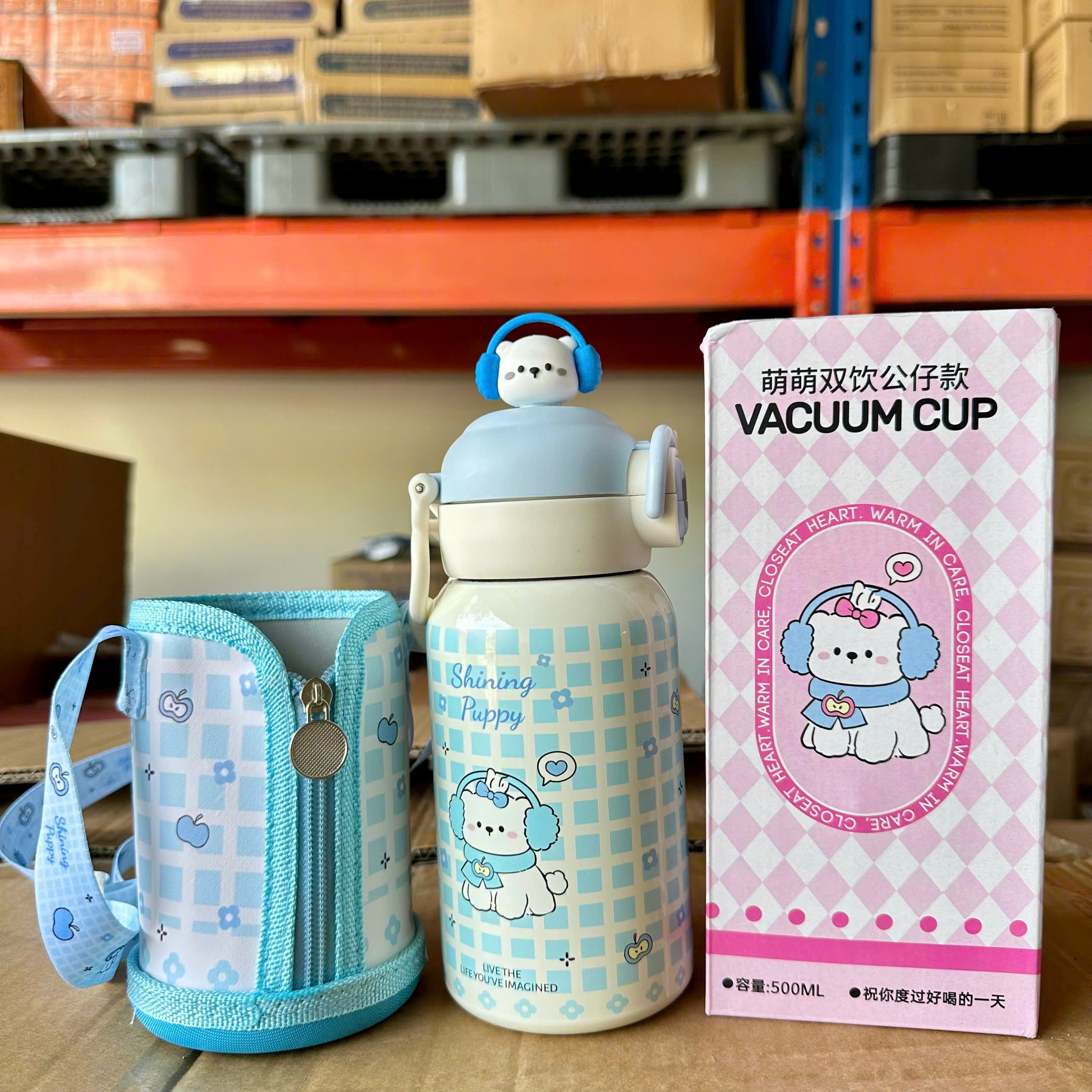 [60] Bình Giữ Nhiệt Nắp Bấm Charm HOẠT HÌNH Có Túi Xách 500ml