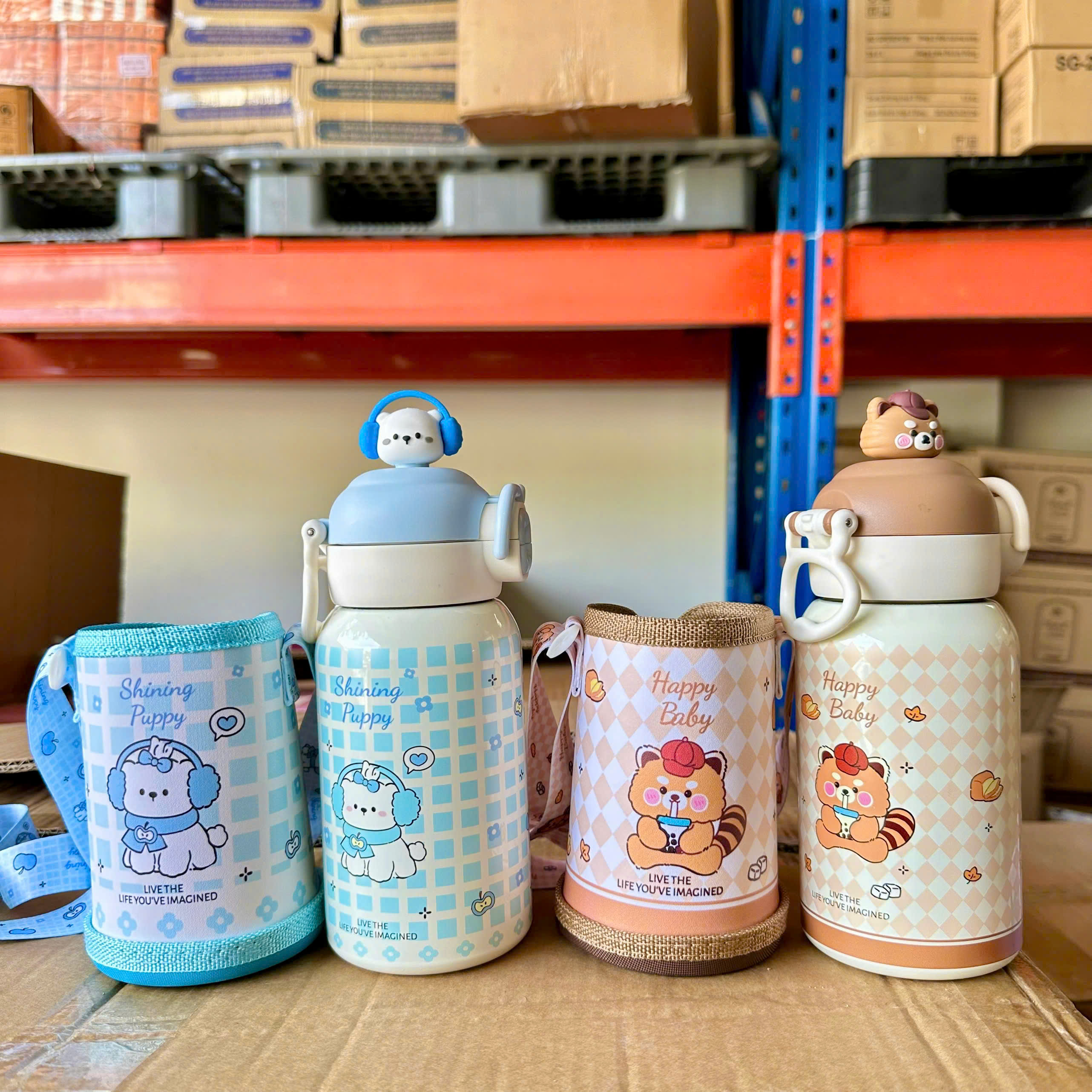 [60] Bình Giữ Nhiệt Nắp Bấm Charm HOẠT HÌNH Có Túi Xách 500ml