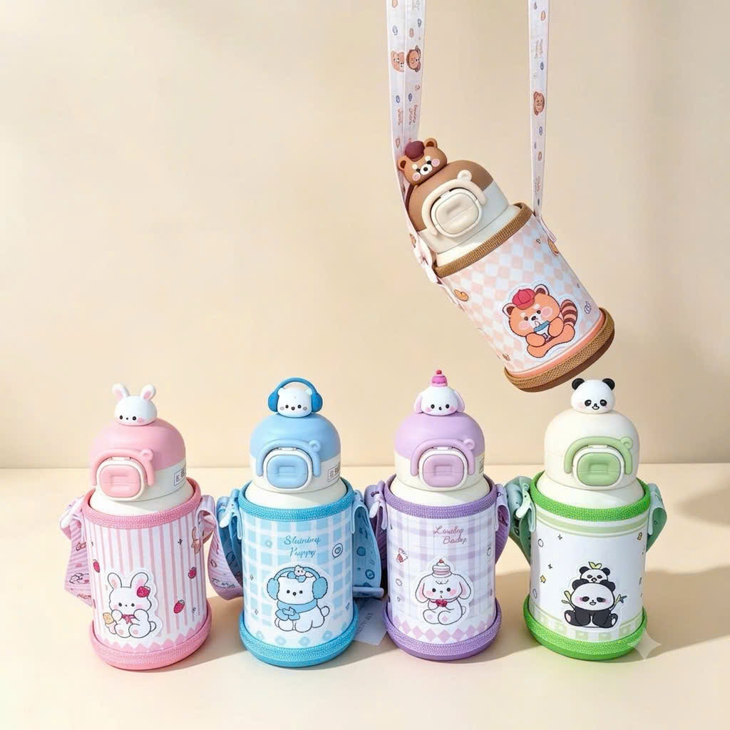 [60] Bình Giữ Nhiệt Nắp Bấm Charm HOẠT HÌNH Có Túi Xách 500ml