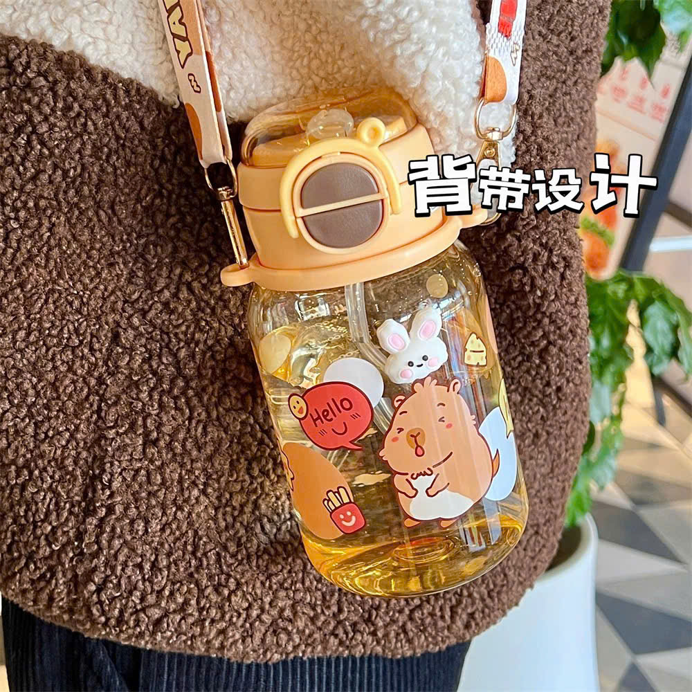 [60] Bình Nhựa DÀY Trong Suốt Có Nắp Bấm Hoạt Hình 600ml 2039