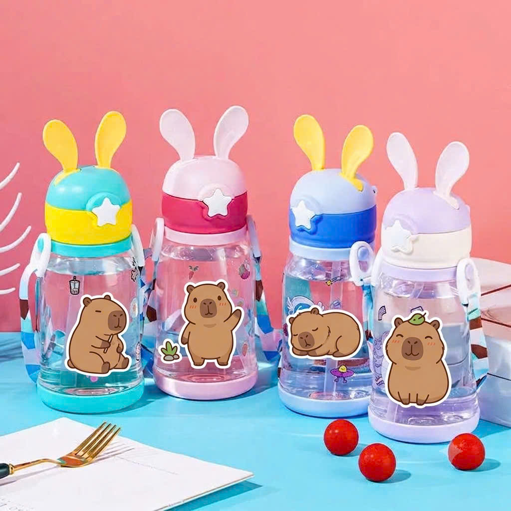 [60] Bình Nước Nhựa Tai Thỏ Có Dây Đeo Sticker 6693