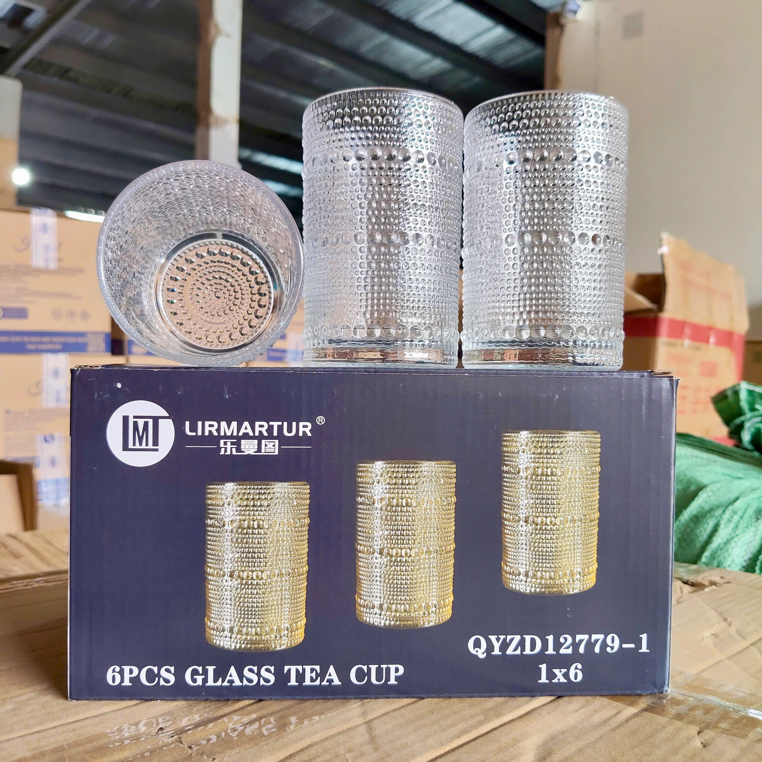 [8] Set 6 Ly Thủy Tinh Hoa Văn Chấm Bi Cao QYZD12779