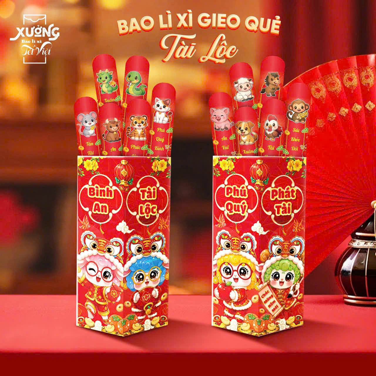 [-] Bao Lì Xì Gieo Quẻ TRUYỀN THỐNG (12 quẻ + hộp giấy)
