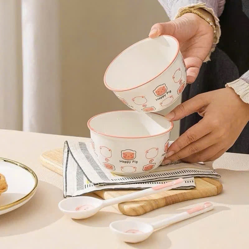 Set 2 chén sứ Heo hồng kèm muỗng ngộ nghĩnh, dễ thương cho bé