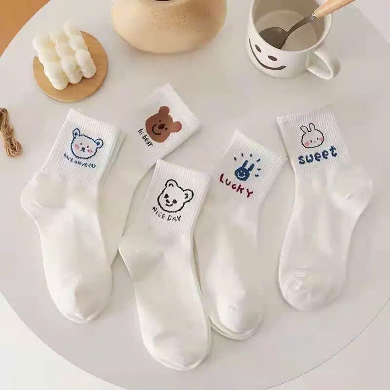 [100] Set 10 tất trắng hoạ tiết gấu cổ cao (5 đôi)