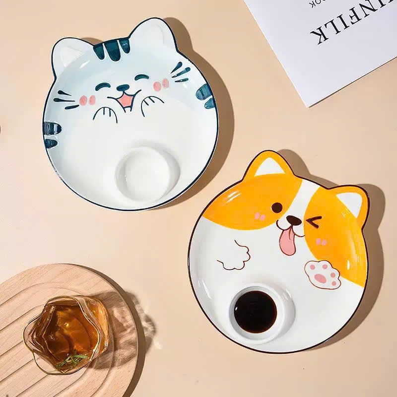 [48] Dĩa sứ tròn 8inch hoạt hình có chén chấm