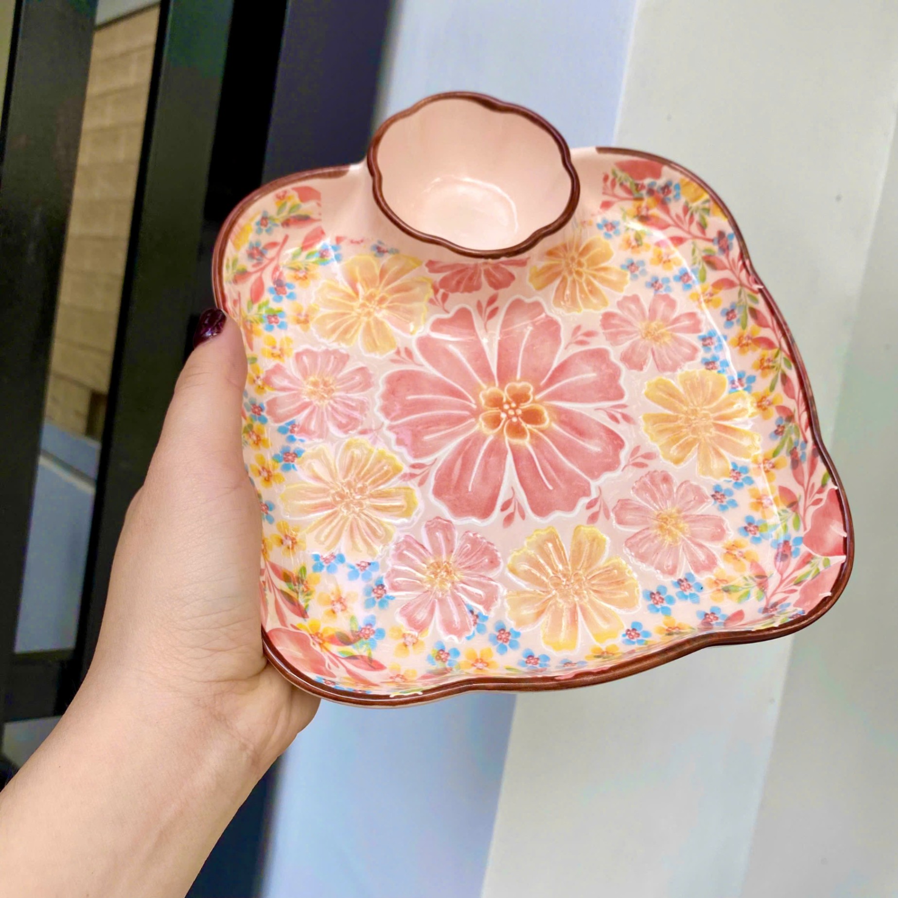 [40] Dĩa sứ vuông 8inch hoạ tiết có chén chấm