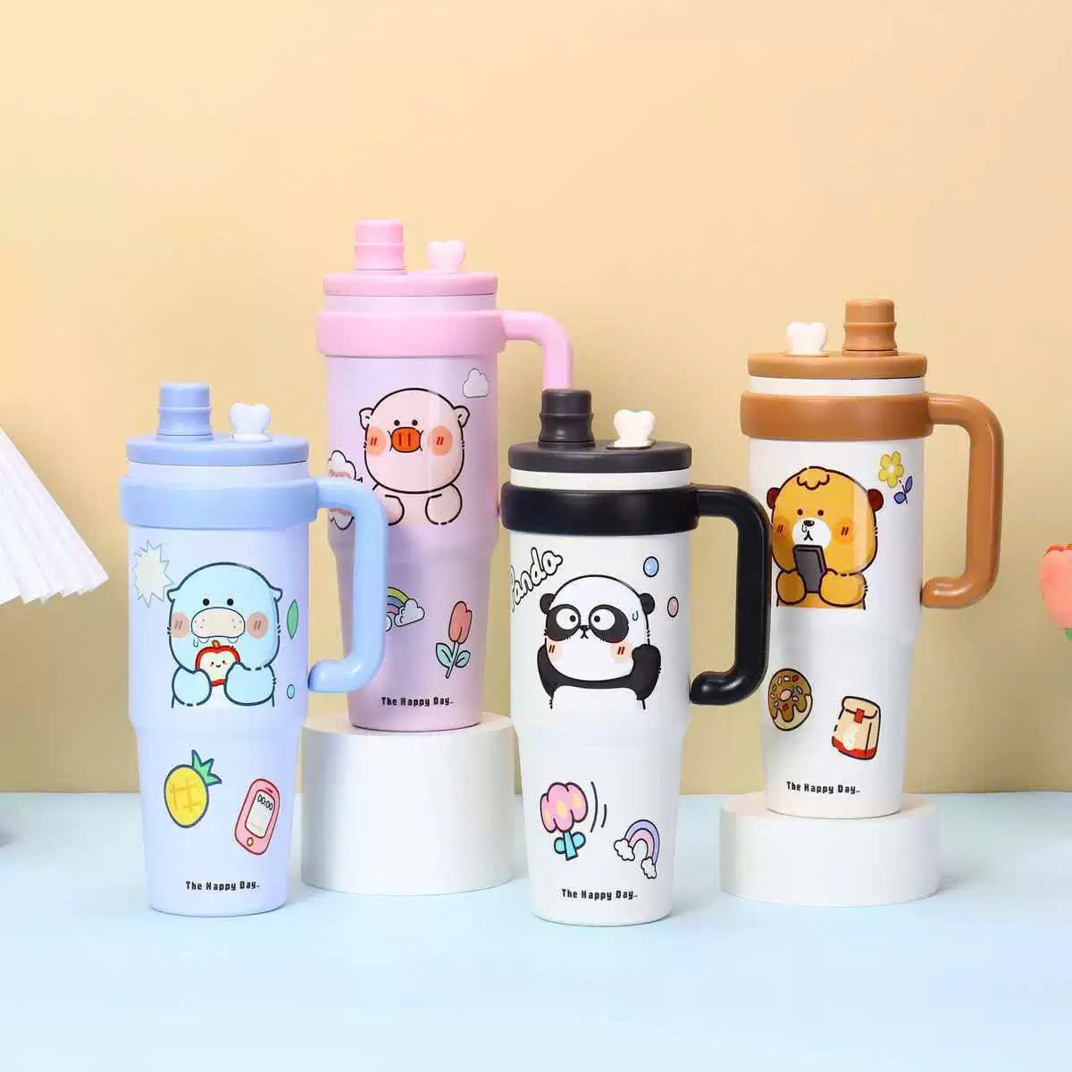 [40] Ly Giữ Nhiệt Có Tay Cầm Hình Thú Happy Day 1000ml