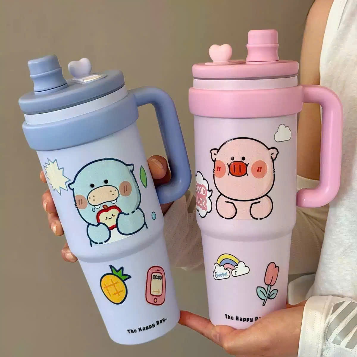 [40] Ly Giữ Nhiệt Có Tay Cầm Hình Thú Happy Day 1000ml