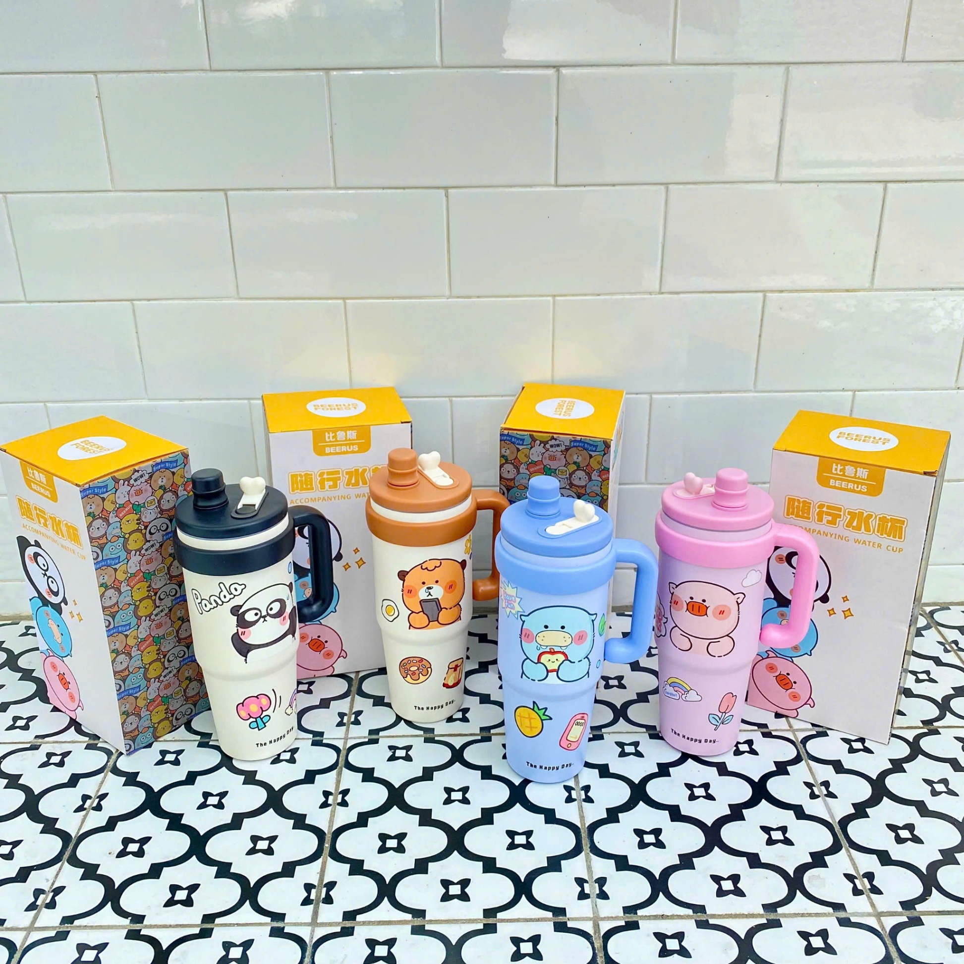 [40] Ly Giữ Nhiệt Có Tay Cầm Hình Thú Happy Day 1000ml