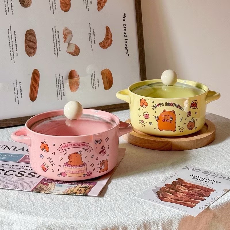 [40] Thố Sứ Ăn Mì Có Nắp Thủy Tinh - CAPYBARA (W032)