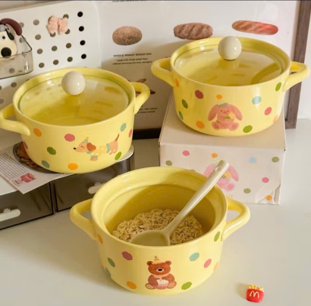 [40] Thố Sứ Ăn Mì Có Nắp Thủy Tinh - CÚN TRẮNG (W036)
