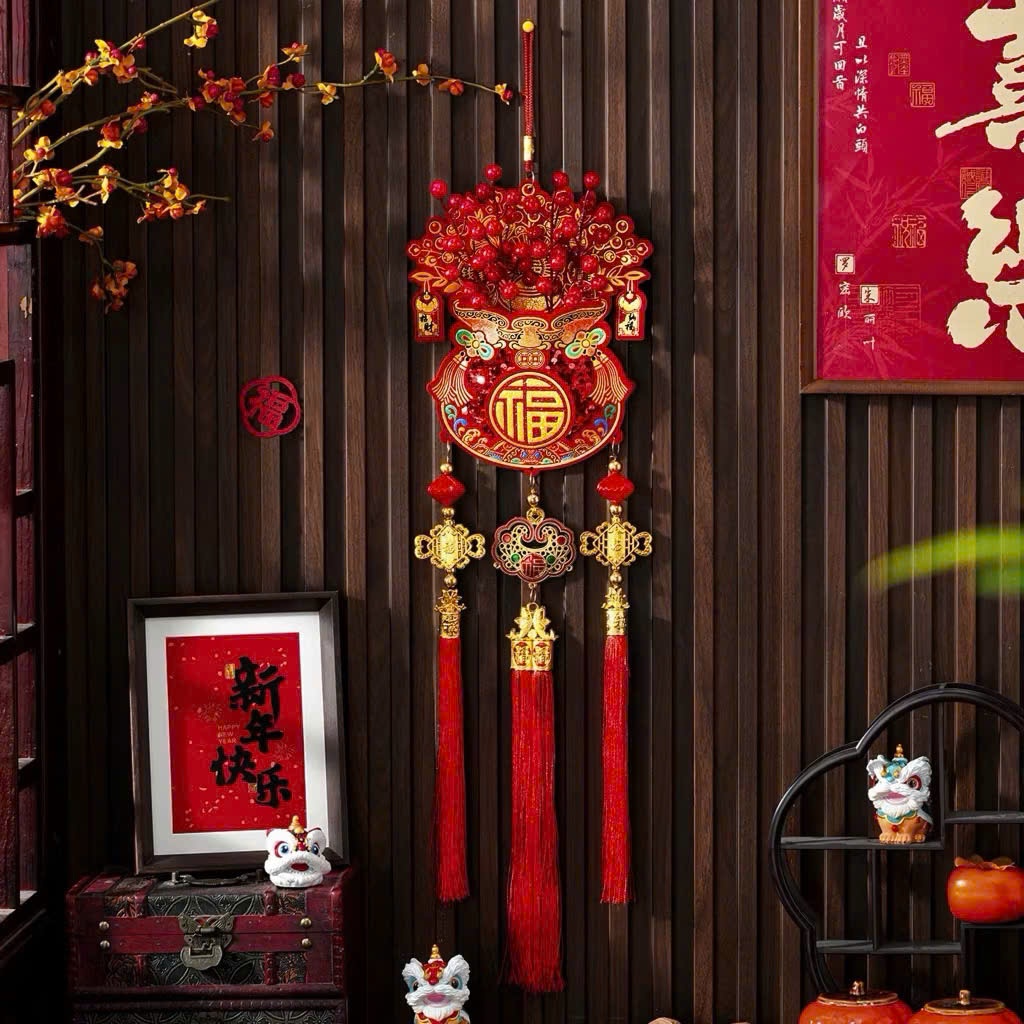 [350] Set Treo Trang Trí Túi Vàng Kèm Đào TẾT (2 mặt)