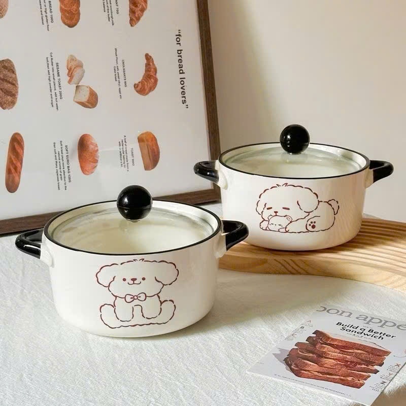 [40] Thố Sứ Ăn Mì Có Nắp Thủy Tinh - GẤU (W036)