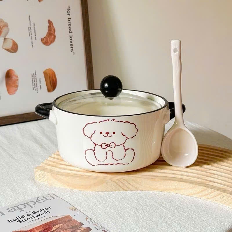 [40] Thố Sứ Ăn Mì Có Nắp Thủy Tinh - GẤU (W036)