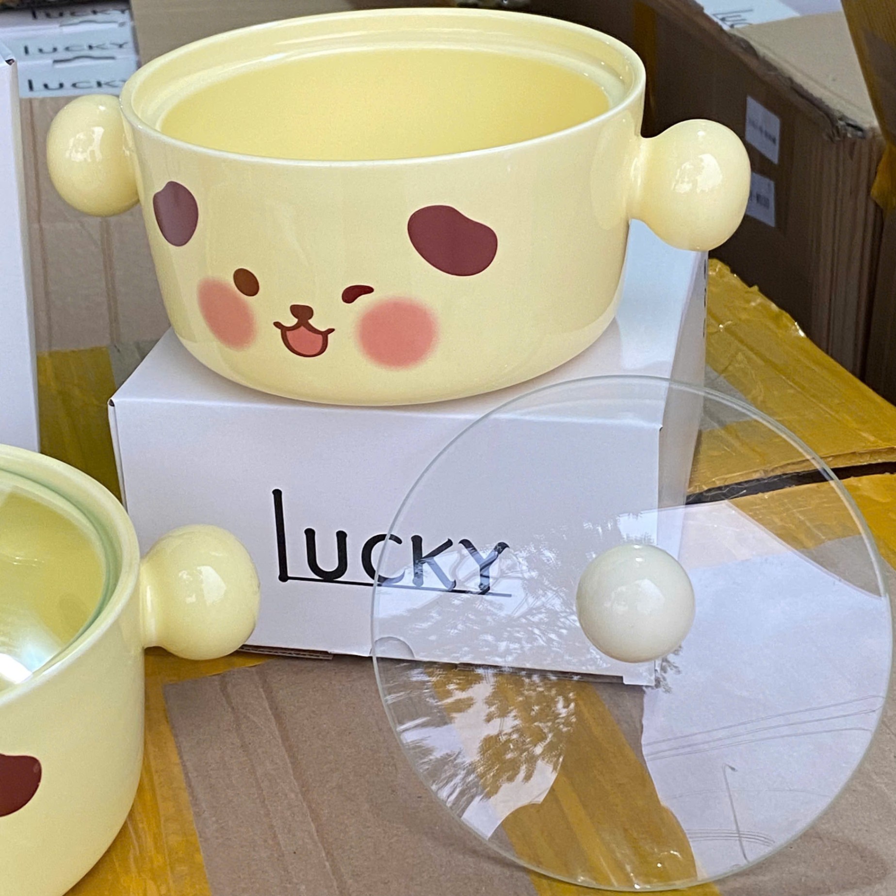 [40] Thố Sứ Ăn Mì Có Nắp Thủy Tinh - CÚN NÂU (W020)