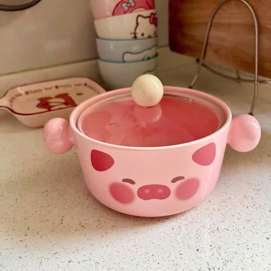 [40] Thố Sứ Ăn Mì Có Nắp Thủy Tinh - HEO (W025)