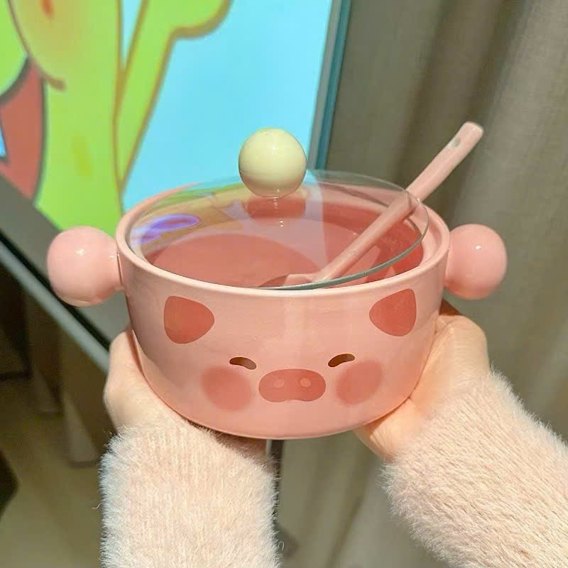 [40] Thố Sứ Ăn Mì Có Nắp Thủy Tinh - HEO (W025)