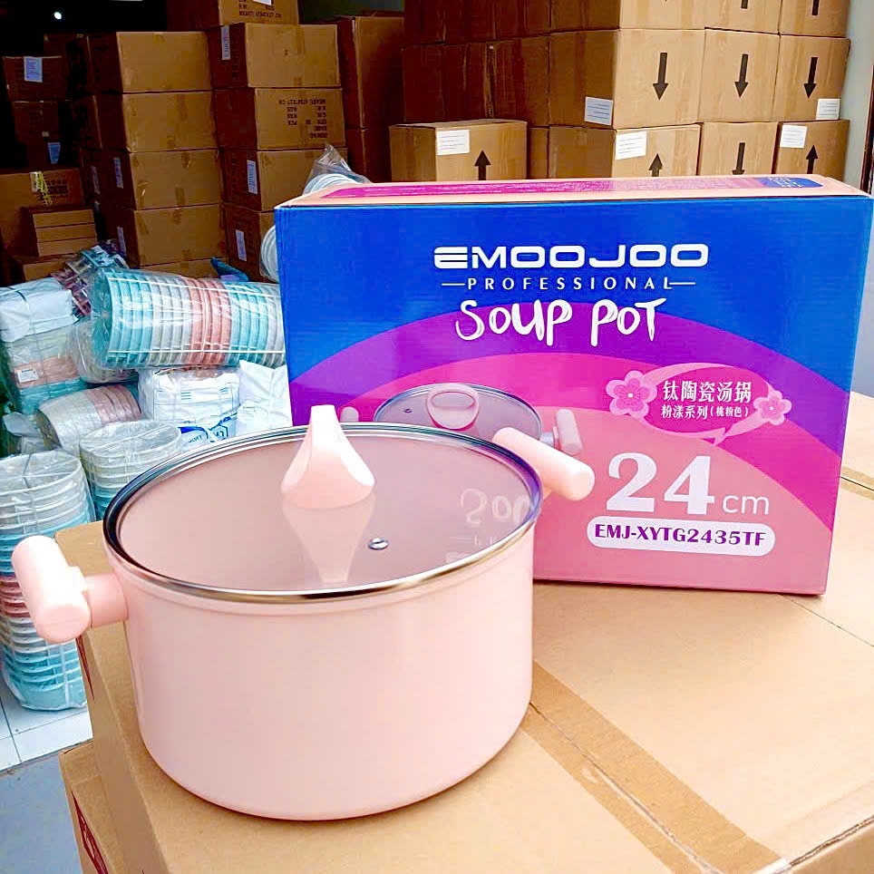 [20] Nồi Tráng Sứ EMOOJOO Hồng 24cm