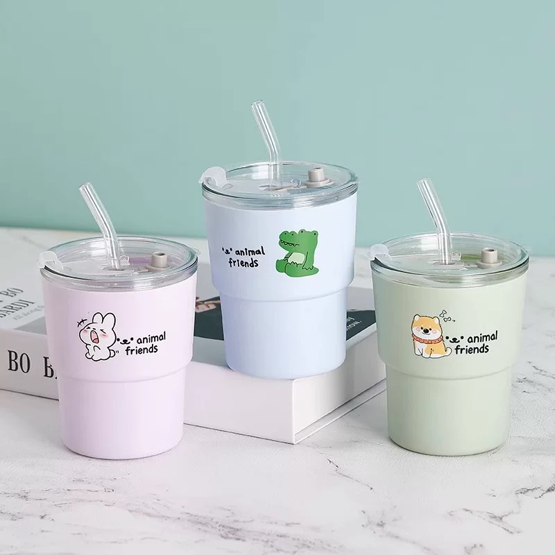 [70] Ly Thủy Tinh Mix Silicon Hình Thú Có Ống Hút 350ml