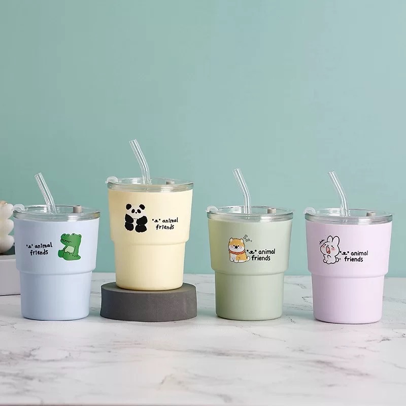 [70] Ly Thủy Tinh Mix Silicon Hình Thú Có Ống Hút 350ml