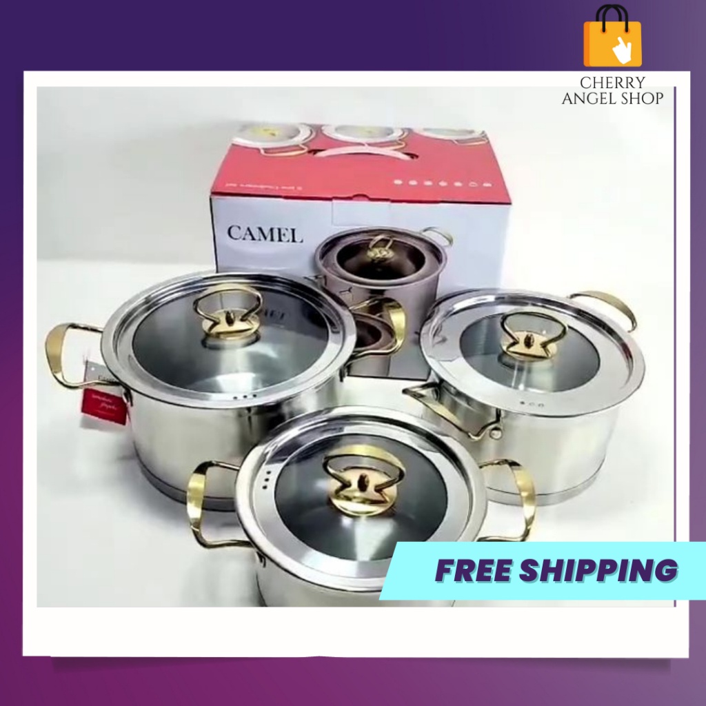 Bộ 3 Nồi Inox Camel Chính Hãng- Nồi Camel Hộp Đen - Đáy Chống Dính Cao Cấp Tay Cầm Cách Nhiệt Dùng Được Mọi Loại Bếp